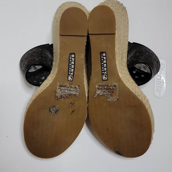Sperry Top Sider Leather Wedges Eyelet Sisal Rope Slide On Sandals Tan Brown - Picture 10 of 16